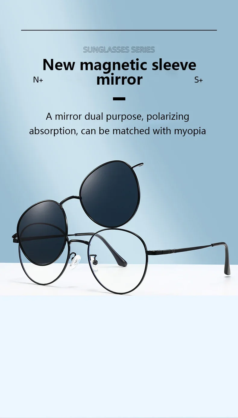 Roud Frame Polarized Sunglasses Magnetic With 2 Clips On Glasses Metal Frame Legs Optical Eyeglass Magnet Eyeglasses 3 IN 1