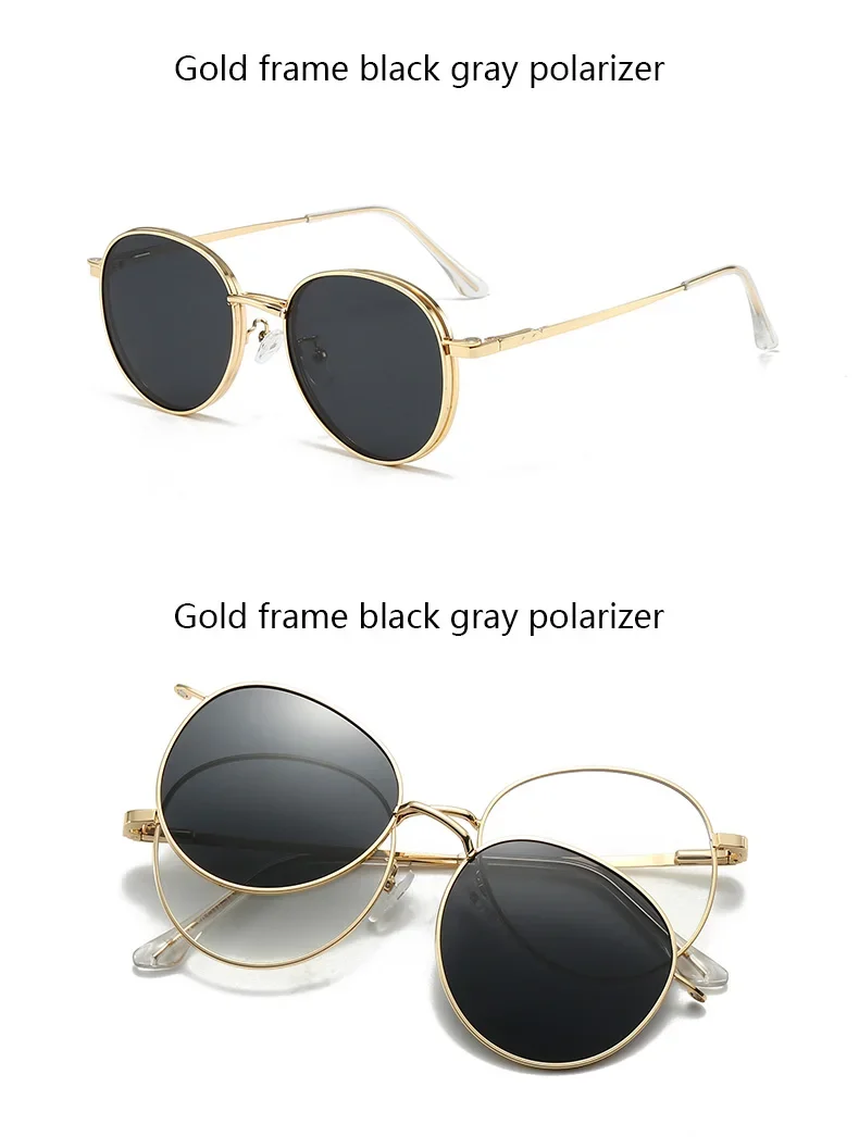 Roud Frame Polarized Sunglasses Magnetic With 2 Clips On Glasses Metal Frame Legs Optical Eyeglass Magnet Eyeglasses 3 IN 1