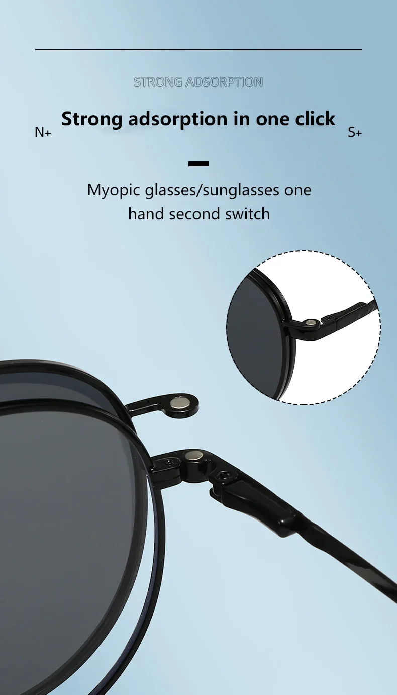 Roud Frame Polarized Sunglasses Magnetic With 2 Clips On Glasses Metal Frame Legs Optical Eyeglass Magnet Eyeglasses 3 IN 1