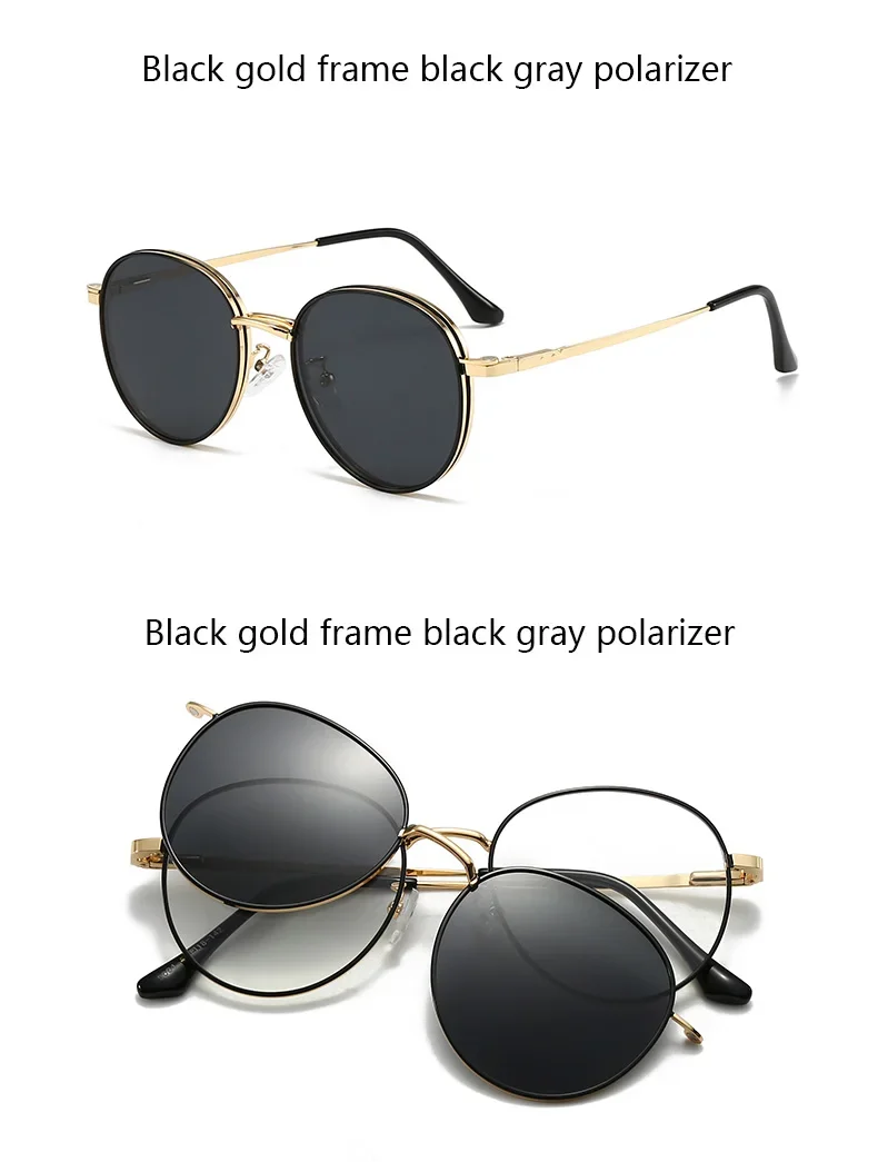 Roud Frame Polarized Sunglasses Magnetic With 2 Clips On Glasses Metal Frame Legs Optical Eyeglass Magnet Eyeglasses 3 IN 1