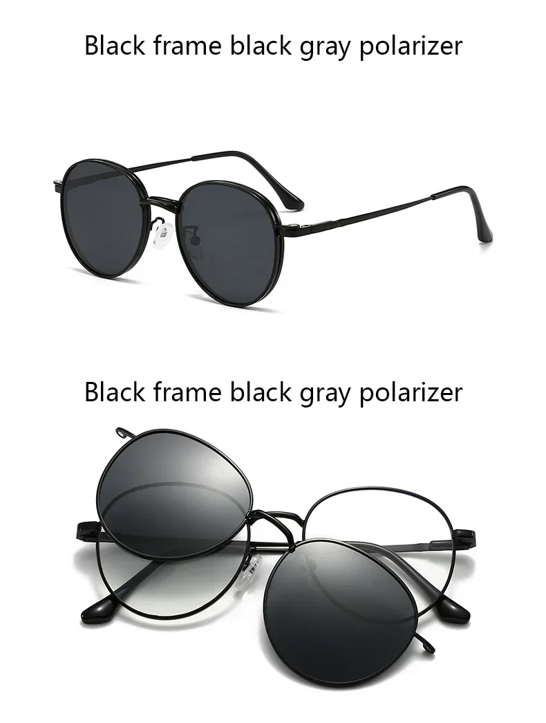 Roud Frame Polarized Sunglasses Magnetic With 2 Clips On Glasses Metal Frame Legs Optical Eyeglass Magnet Eyeglasses 3 IN 1