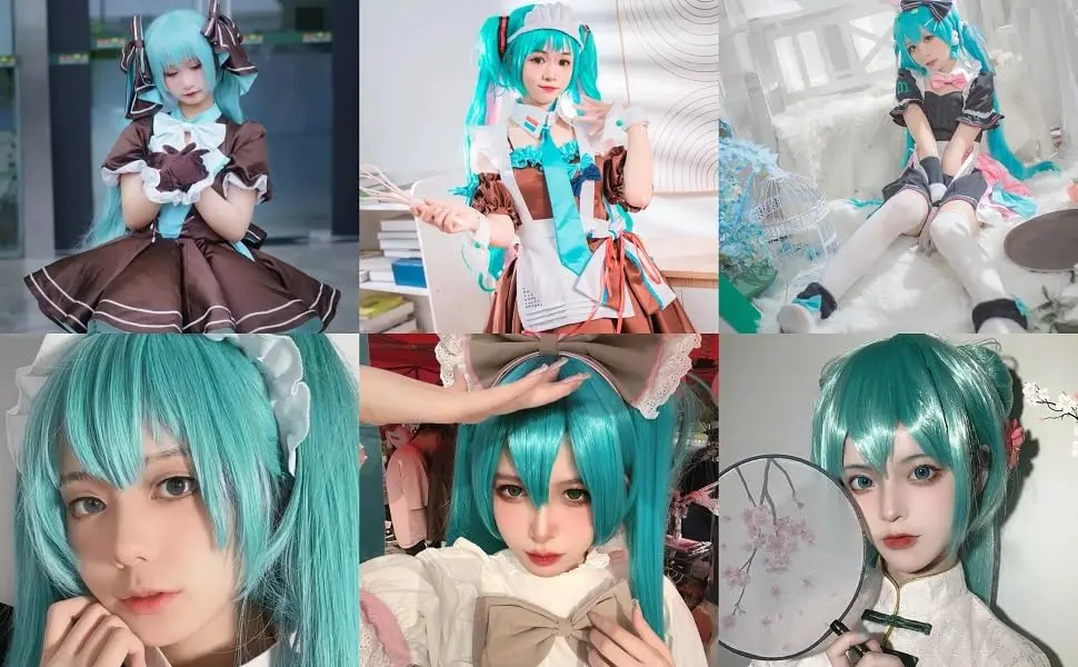 Synthetic Green Wig Cosplay Green Teal Wig Double Ponytail Wig Long Green Wig With Bangs Straight wig Kawaii Wig Miku Wig