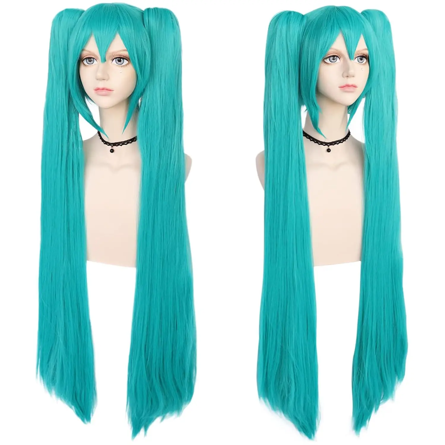 Synthetic Green Wig Cosplay Green Teal Wig Double Ponytail Wig Long Green Wig With Bangs Straight wig Kawaii Wig Miku Wig