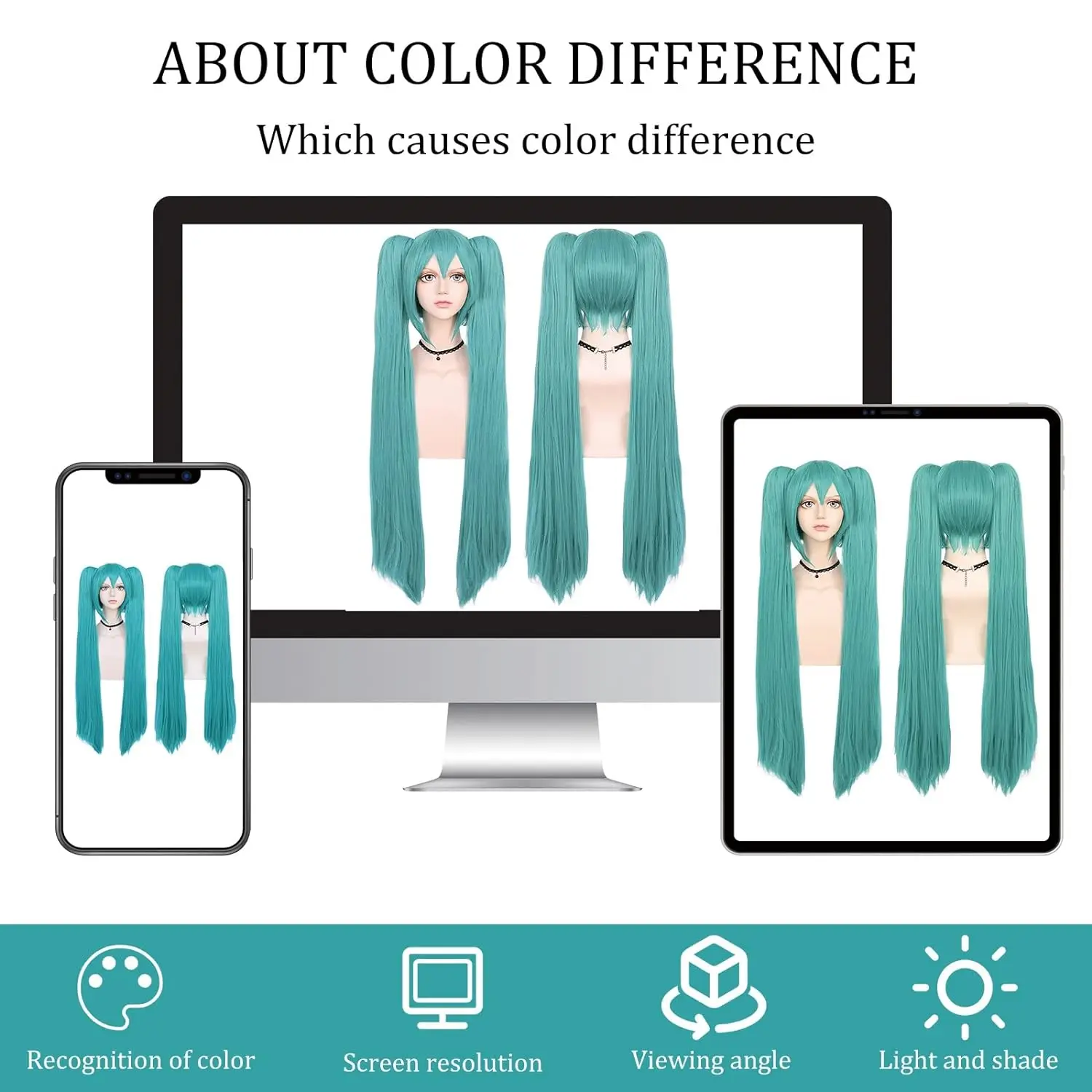 Synthetic Green Wig Cosplay Green Teal Wig Double Ponytail Wig Long Green Wig With Bangs Straight wig Kawaii Wig Miku Wig