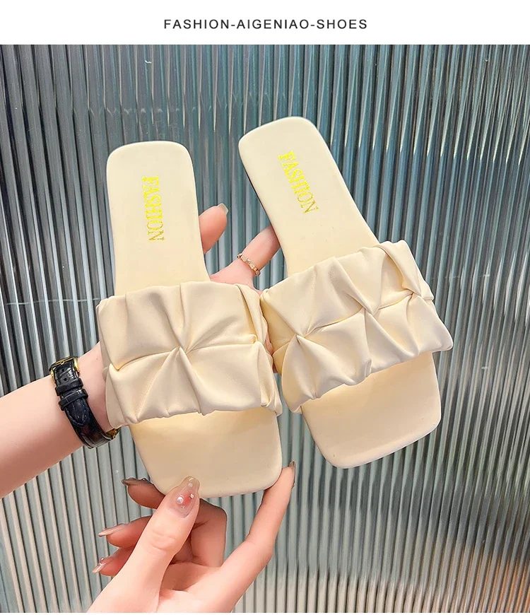 Summer Slippers For Women Flip Flops Flats 2024 New Pleated Korean Slippers Women Sandals Green Slip On Shoes Big Size 35-42