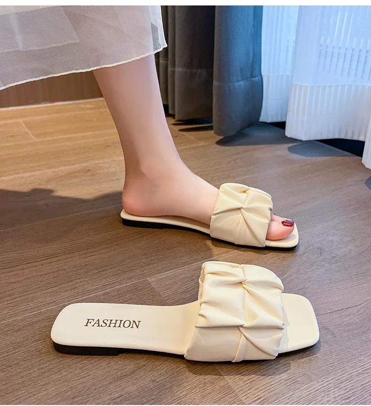 Summer Slippers For Women Flip Flops Flats 2024 New Pleated Korean Slippers Women Sandals Green Slip On Shoes Big Size 35-42