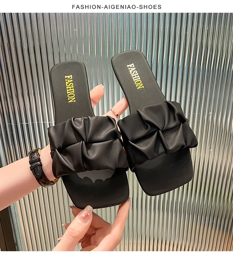 Summer Slippers For Women Flip Flops Flats 2024 New Pleated Korean Slippers Women Sandals Green Slip On Shoes Big Size 35-42