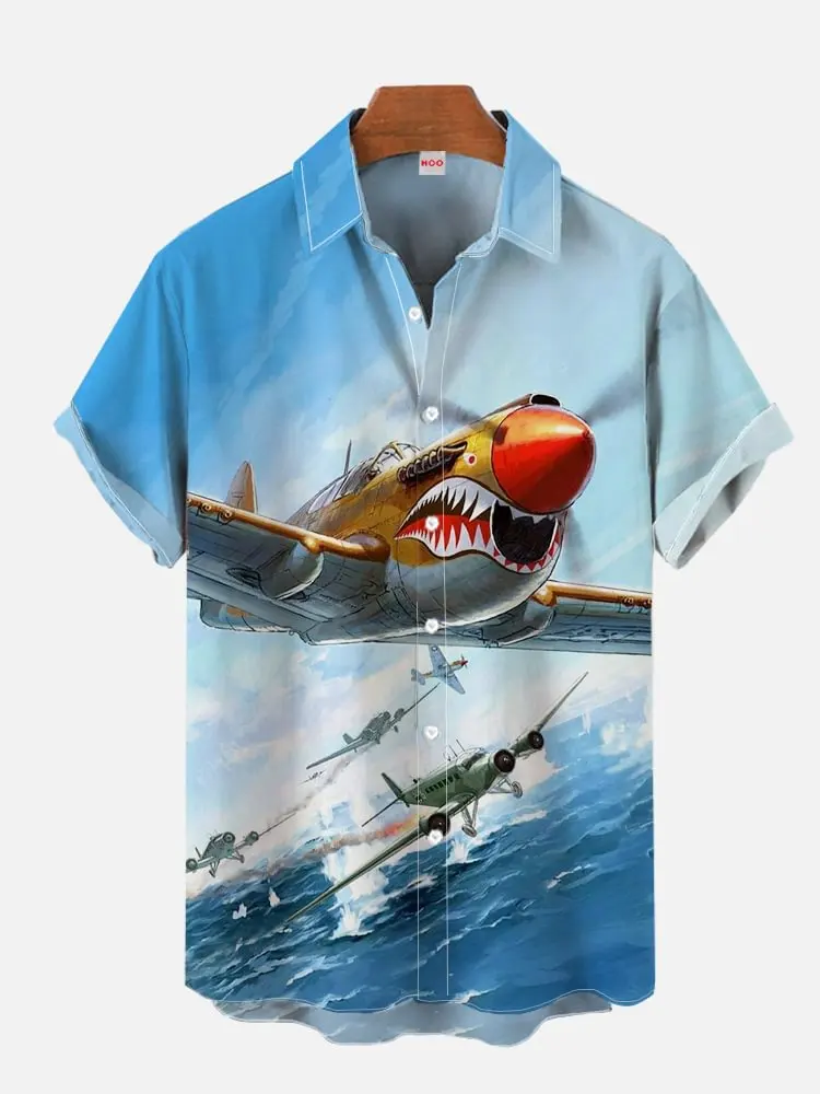 Summer Men's Short Sleeve Green Airplane Print Shirt New Cardigan Retro Single Breasted Shirt Clothing Men's Fighter Print
