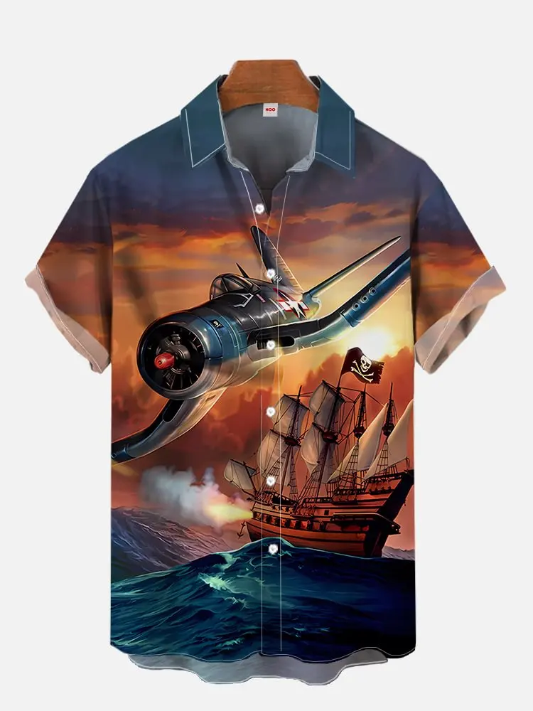 Summer Men's Short Sleeve Green Airplane Print Shirt New Cardigan Retro Single Breasted Shirt Clothing Men's Fighter Print