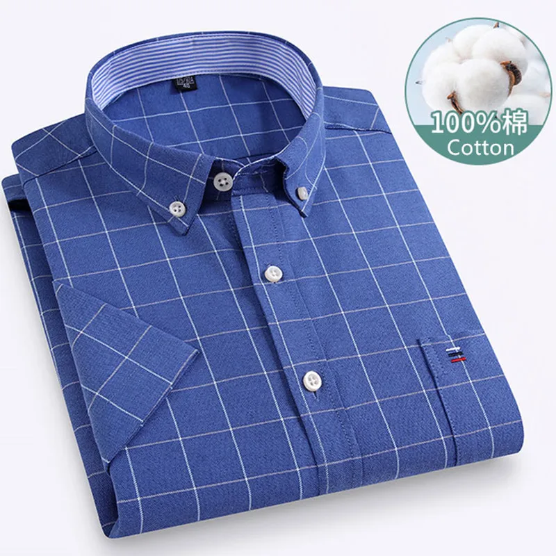 Larger Size 7XL 6XL Classic Men's Short Sleeve Shirt 100% Oxford Cotton Casual College Soft Plaid Stripe Solid Business Slim Fit