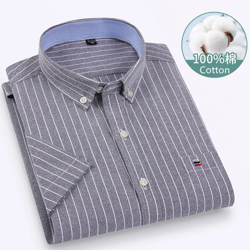 Larger Size 7XL 6XL Classic Men's Short Sleeve Shirt 100% Oxford Cotton Casual College Soft Plaid Stripe Solid Business Slim Fit