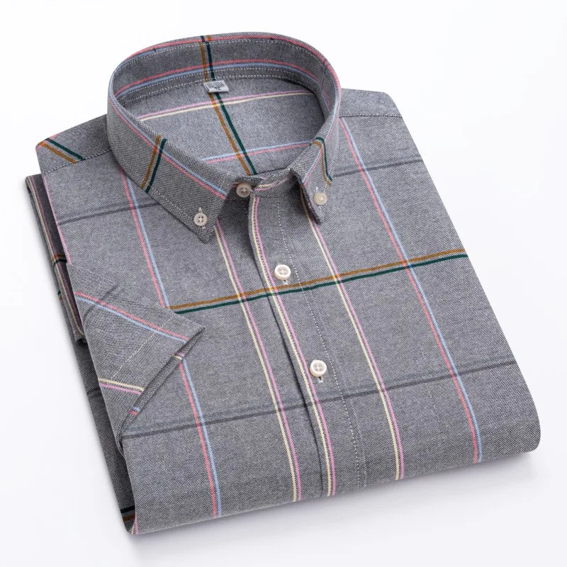 Larger Size 7XL 6XL Classic Men's Short Sleeve Shirt 100% Oxford Cotton Casual College Soft Plaid Stripe Solid Business Slim Fit
