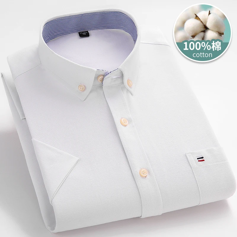 Larger Size 7XL 6XL Classic Men's Short Sleeve Shirt 100% Oxford Cotton Casual College Soft Plaid Stripe Solid Business Slim Fit