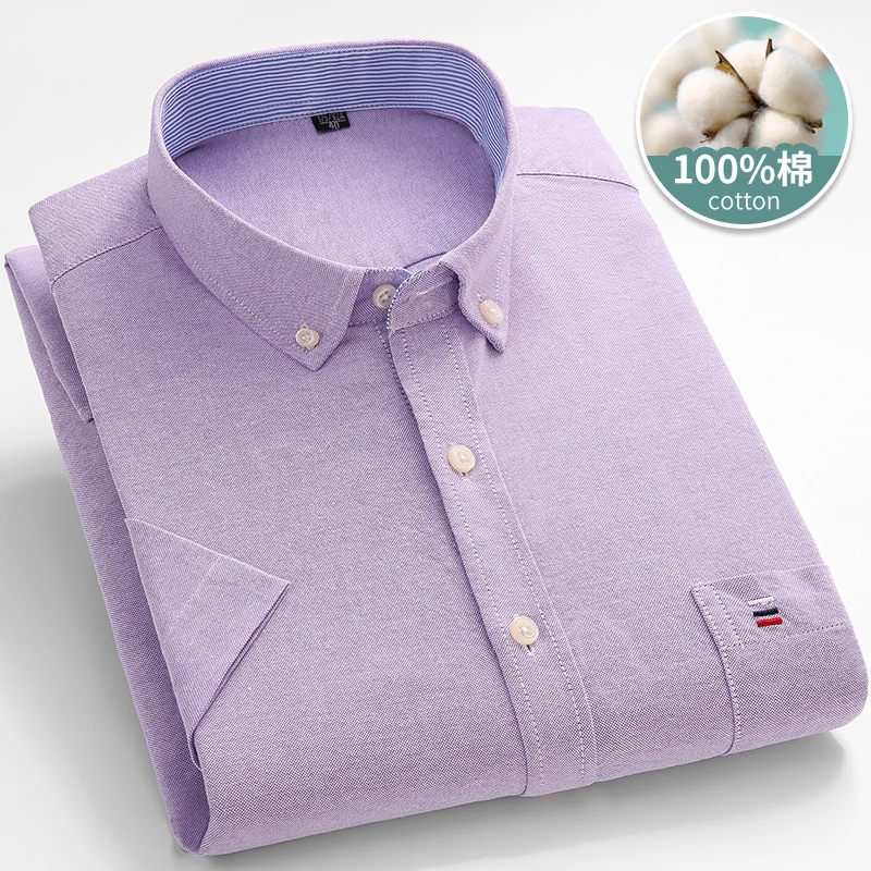 Larger Size 7XL 6XL Classic Men's Short Sleeve Shirt 100% Oxford Cotton Casual College Soft Plaid Stripe Solid Business Slim Fit