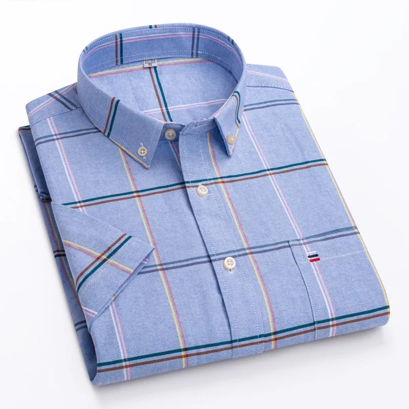 Larger Size 7XL 6XL Classic Men's Short Sleeve Shirt 100% Oxford Cotton Casual College Soft Plaid Stripe Solid Business Slim Fit