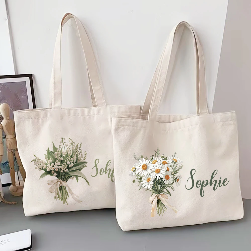 Personalized Shoulder Bag Birth Month Flower with Name Tote Bag Monogram Canvas Bags Wendding Birthday Holiday Best Gift for Her