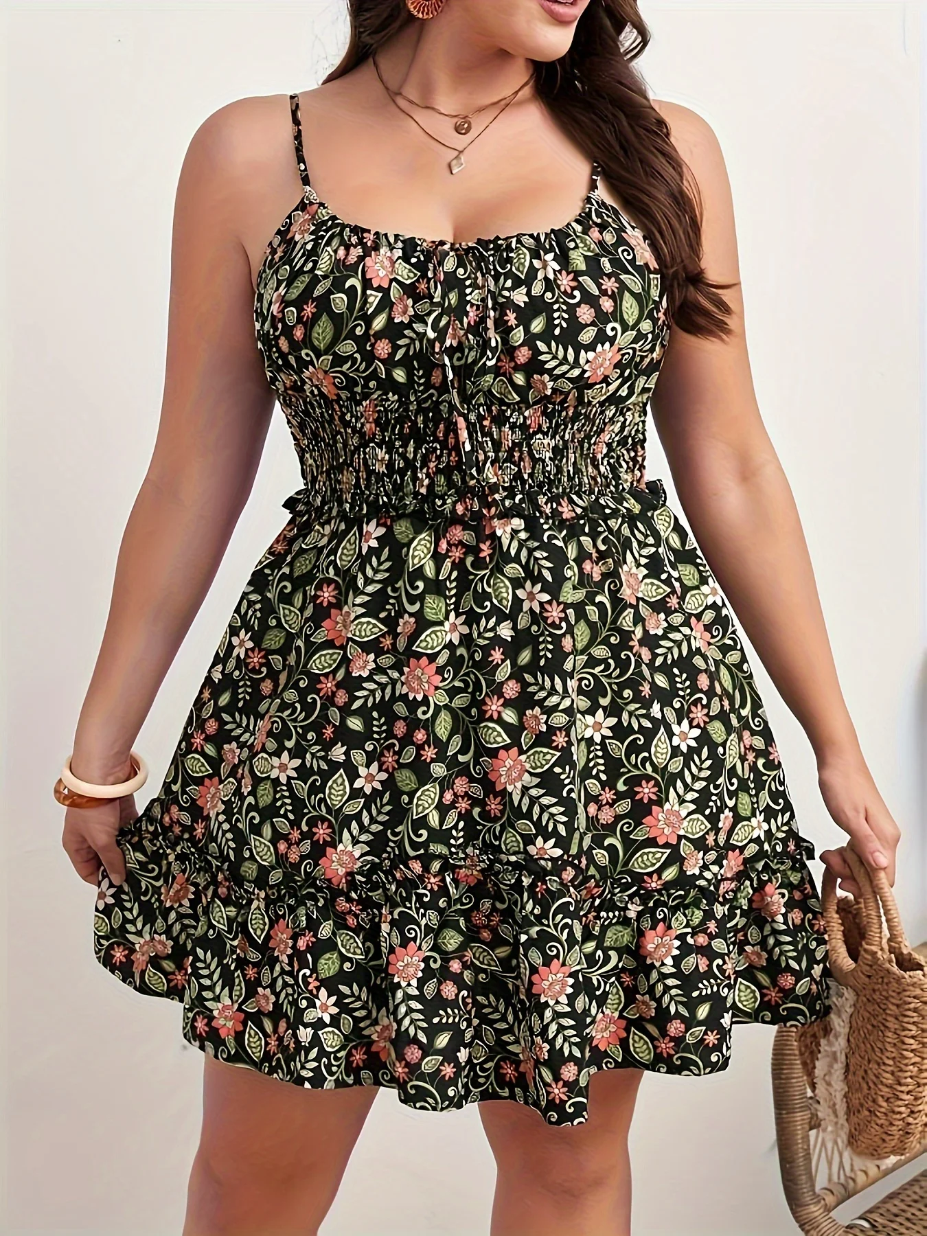 Plus Size Summer Women Elegant Floral Print Dress Vacation Vintage Casual Sleeveless Ruffle Sling Dresses