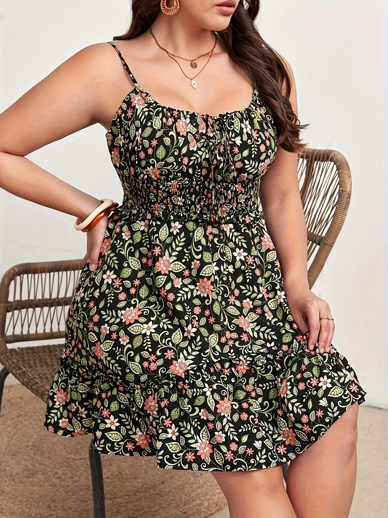 Plus Size Summer Women Elegant Floral Print Dress Vacation Vintage Casual Sleeveless Ruffle Sling Dresses