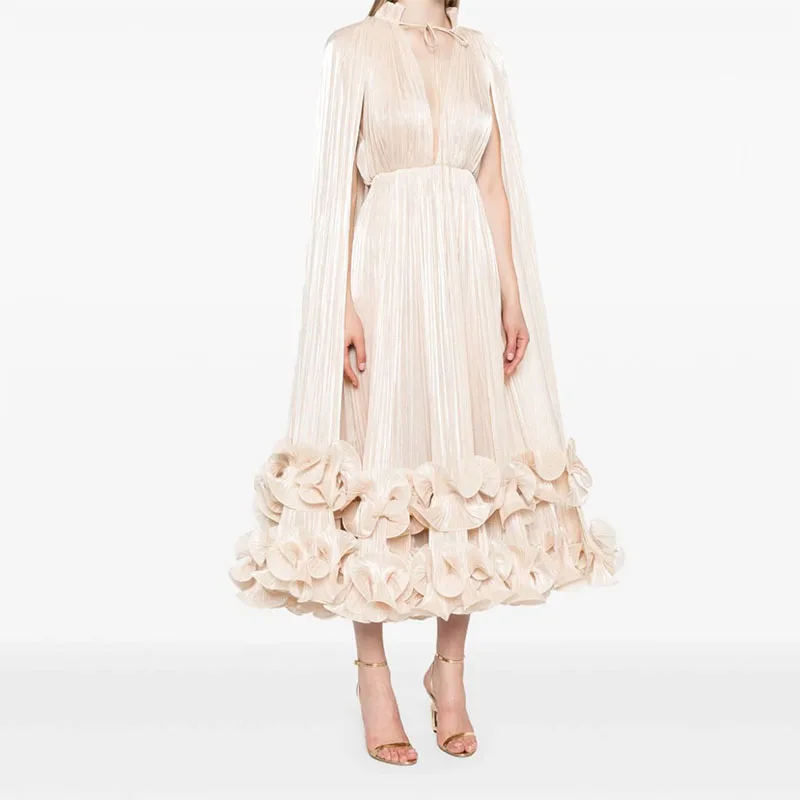 Exquisite Ruffle Detail Evening Dress A-line Cape Sleeves Party Prom Formal Midi Red Carpet Dress For Special Occasions
