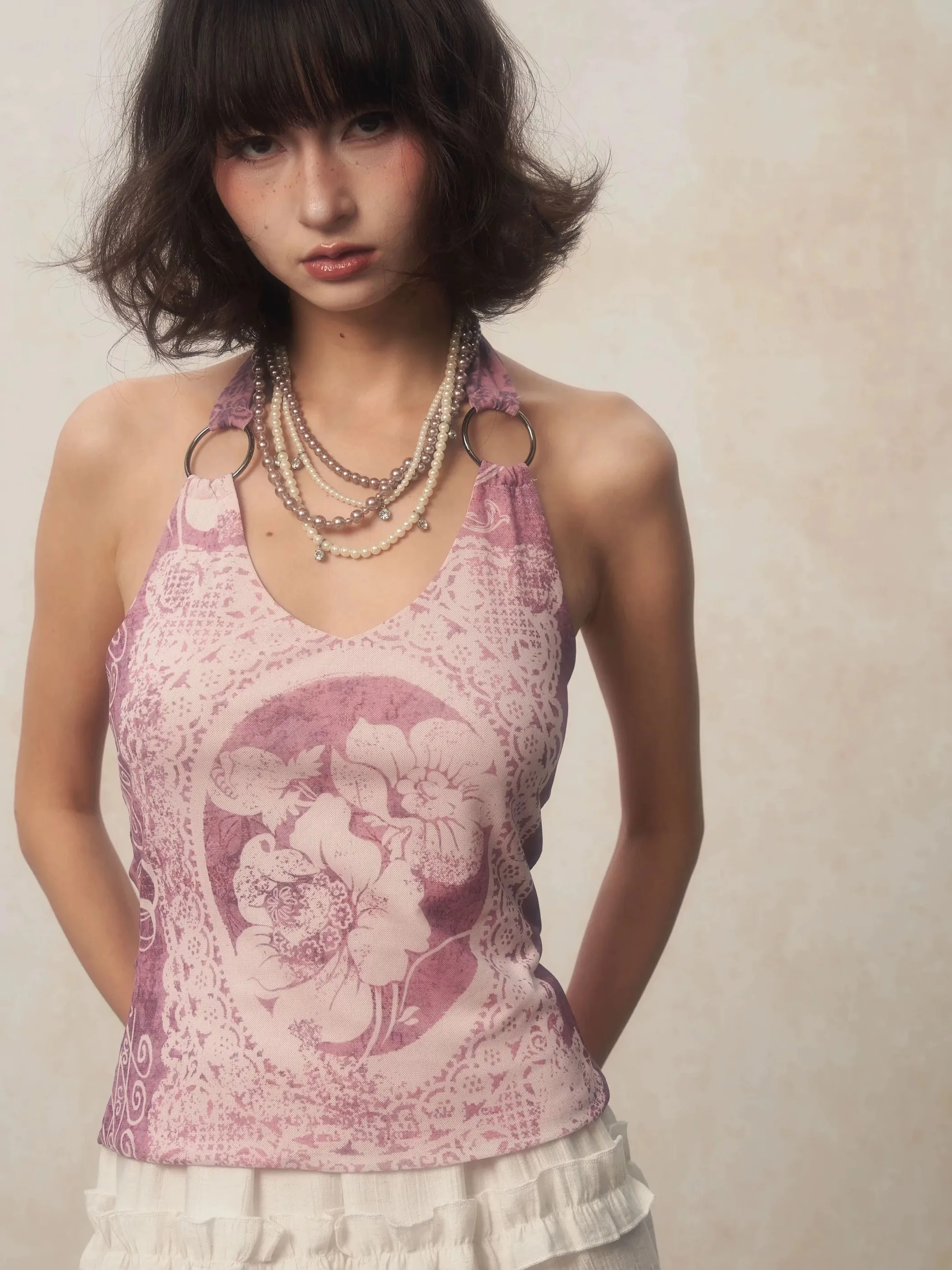 Genayooa Gothic Print Halter Tops Sleeveless Lace Up Crop Tops Y2k Vintage Tank Tops 2000s Japanese Fairycore Streetwear Summer