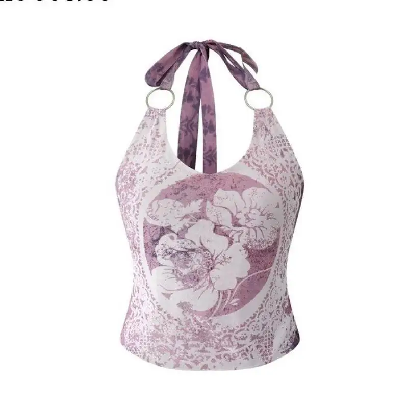 Genayooa Gothic Print Halter Tops Sleeveless Lace Up Crop Tops Y2k Vintage Tank Tops 2000s Japanese Fairycore Streetwear Summer