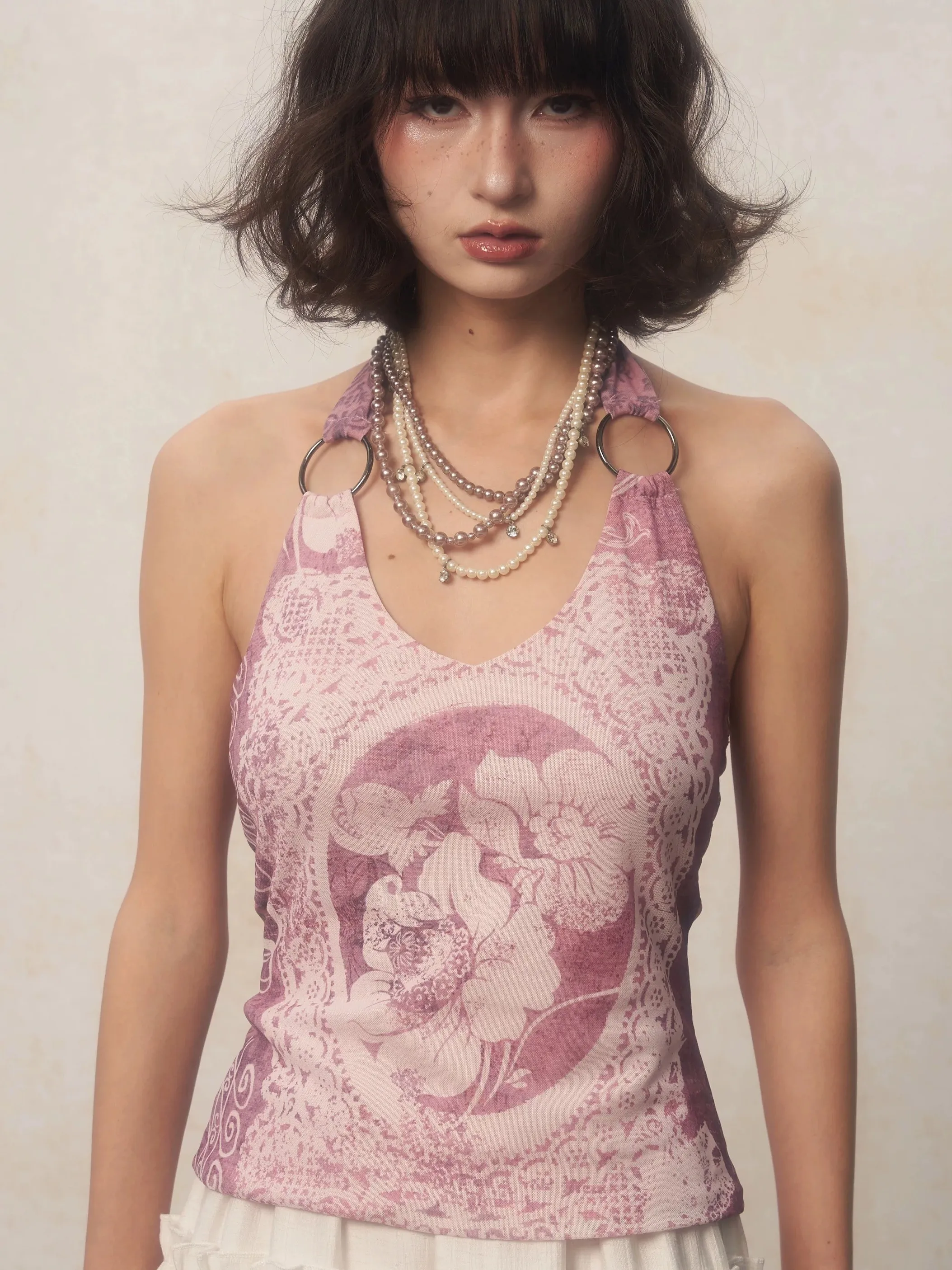 Genayooa Gothic Print Halter Tops Sleeveless Lace Up Crop Tops Y2k Vintage Tank Tops 2000s Japanese Fairycore Streetwear Summer