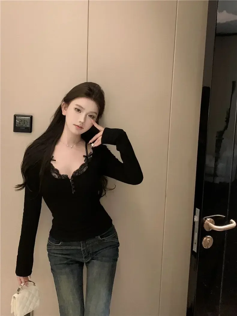 Autumn Sweet Lace Stitching V-neck Skinny Top Pink Coquette Aesthetic Slim-fit Long Sleeve T-shirts Cute Casual Tees Women Goth