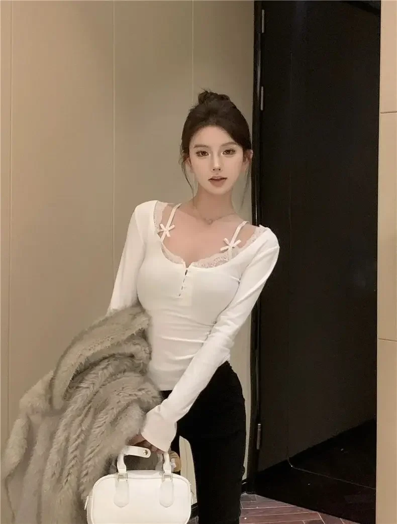 Autumn Sweet Lace Stitching V-neck Skinny Top Pink Coquette Aesthetic Slim-fit Long Sleeve T-shirts Cute Casual Tees Women Goth