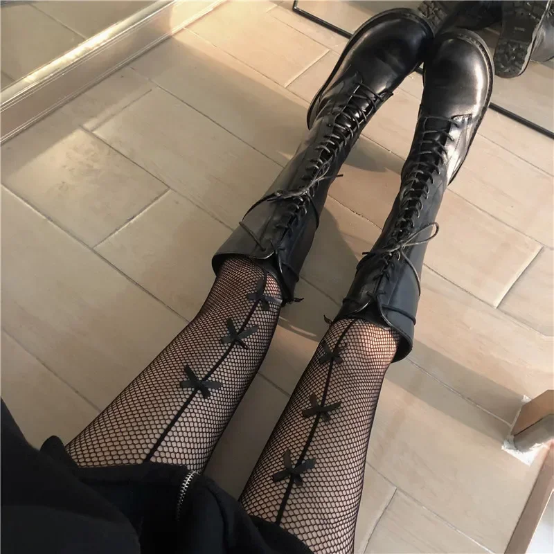 Kawaii Gothic Hollow Out Pantyhose Lolita Bow Knot Fishnet Stockings Women Spicy Girl Black White Sexy Thin Ins Tide Lace Tights