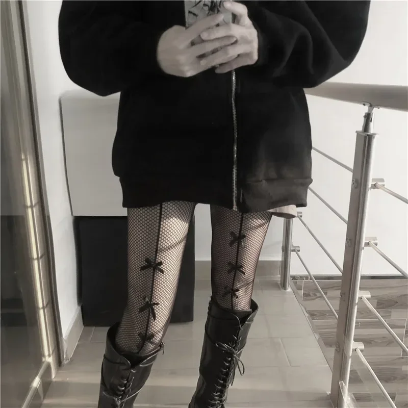 Kawaii Gothic Hollow Out Pantyhose Lolita Bow Knot Fishnet Stockings Women Spicy Girl Black White Sexy Thin Ins Tide Lace Tights