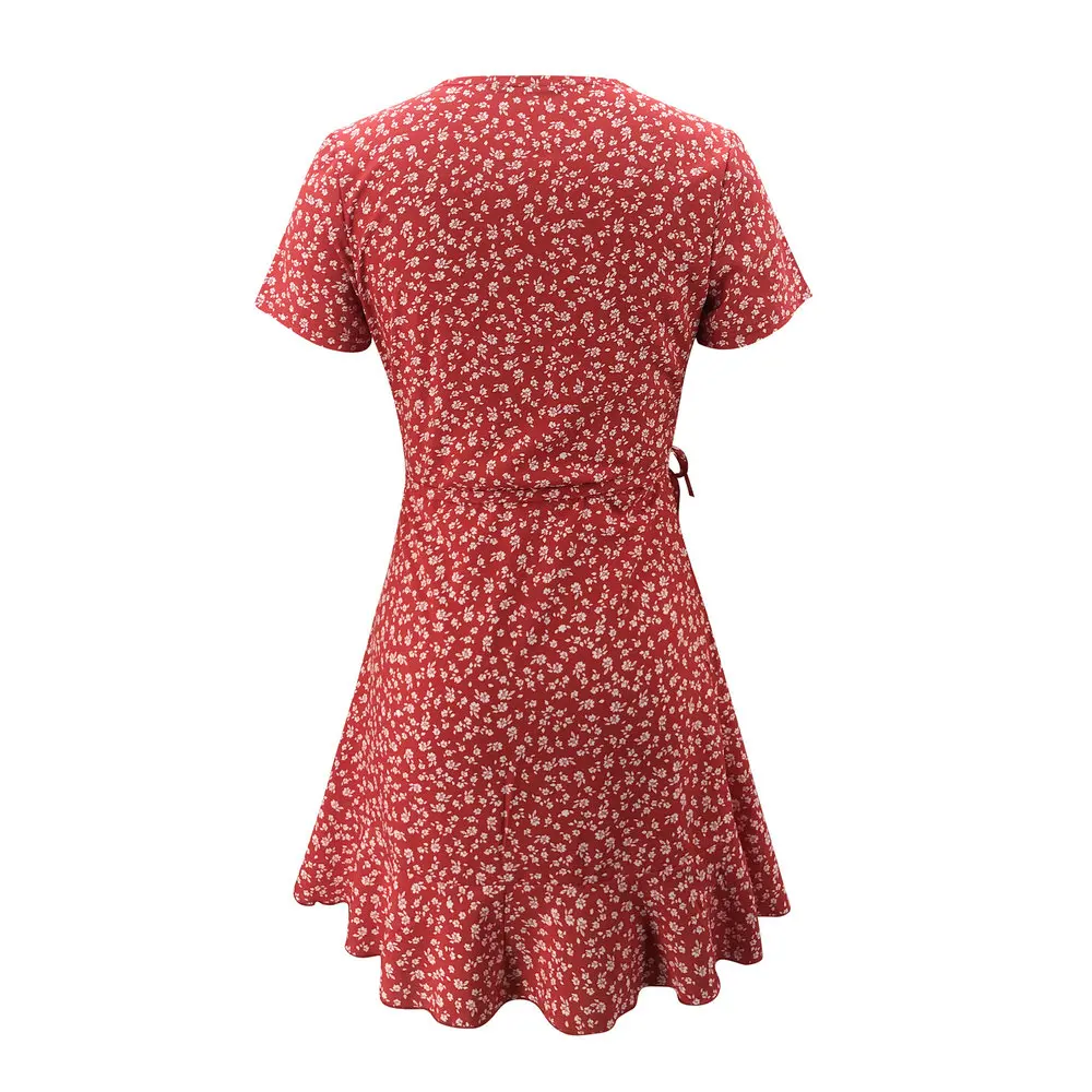 Summer Women’s Floal A-Line Dress Sweet Elegant Floral Ruffles V-neck Bandage Short Dress for Lady Chic Flowers Mini Dress