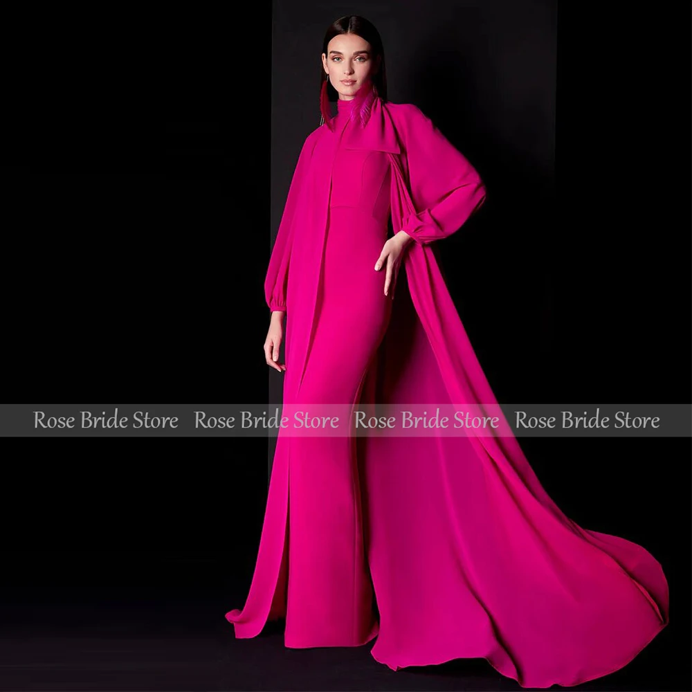Customized Luxury Wedding Party Dresses Fuchsia Women‘s Formal Evening Gowns Mermaid O Neck Trumpet Elegant Prom Dress with Cape
