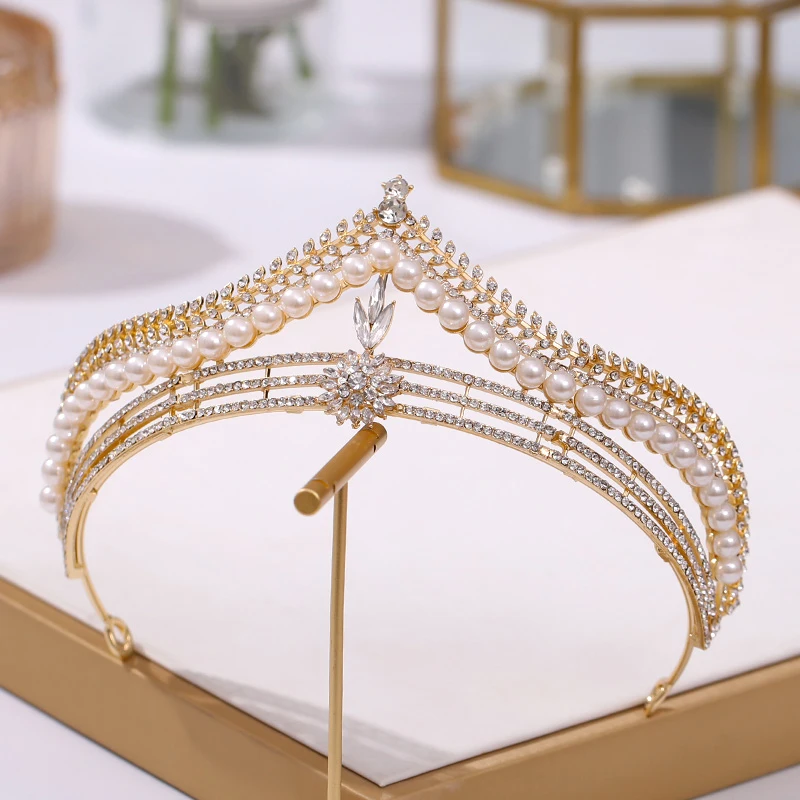 Baroque Luxury Golden Plated Crystal Pearls Bridal Tiaras Crown Rhinestone Pageant Diadem CZ Headbands Wedding Hair Accessories