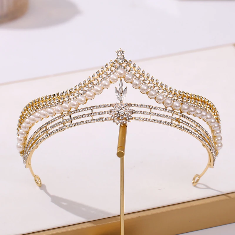 Baroque Luxury Golden Plated Crystal Pearls Bridal Tiaras Crown Rhinestone Pageant Diadem CZ Headbands Wedding Hair Accessories