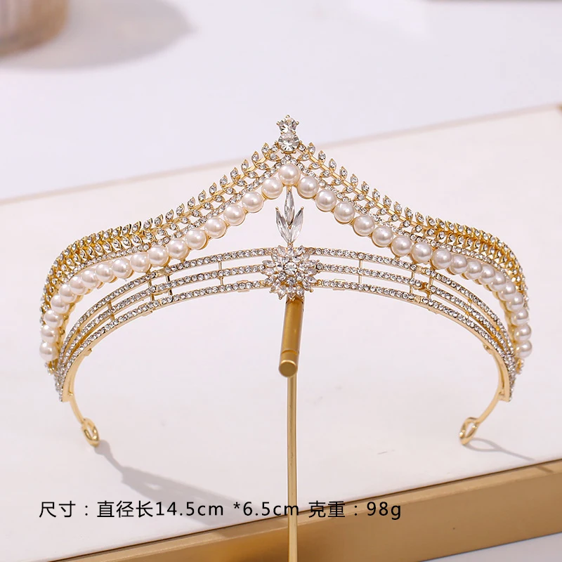 Baroque Luxury Golden Plated Crystal Pearls Bridal Tiaras Crown Rhinestone Pageant Diadem CZ Headbands Wedding Hair Accessories