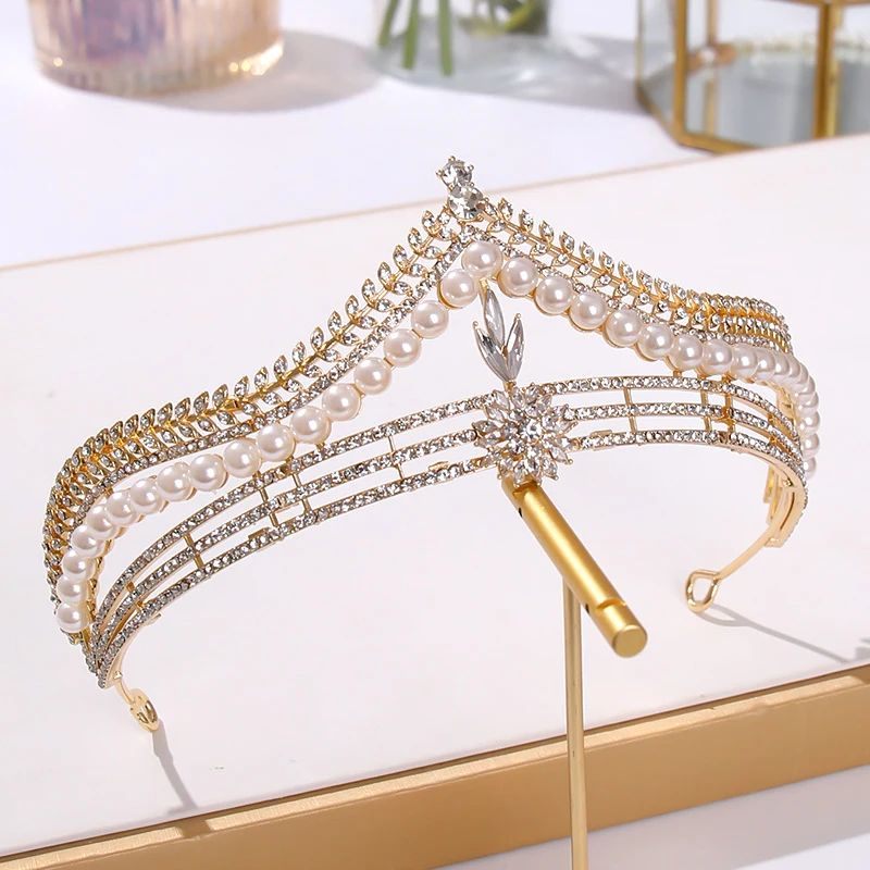 Baroque Luxury Golden Plated Crystal Pearls Bridal Tiaras Crown Rhinestone Pageant Diadem CZ Headbands Wedding Hair Accessories