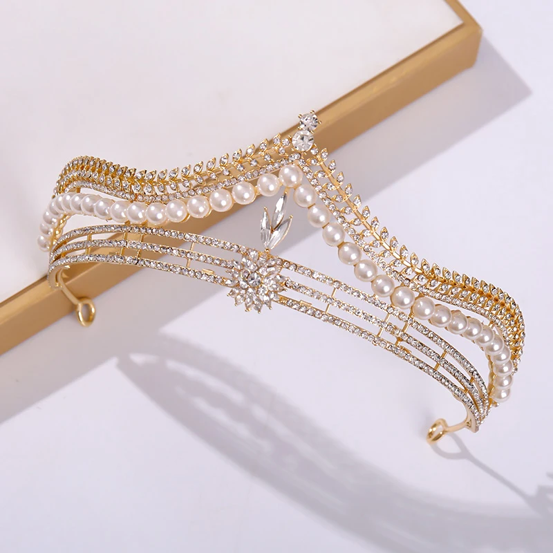 Baroque Luxury Golden Plated Crystal Pearls Bridal Tiaras Crown Rhinestone Pageant Diadem CZ Headbands Wedding Hair Accessories