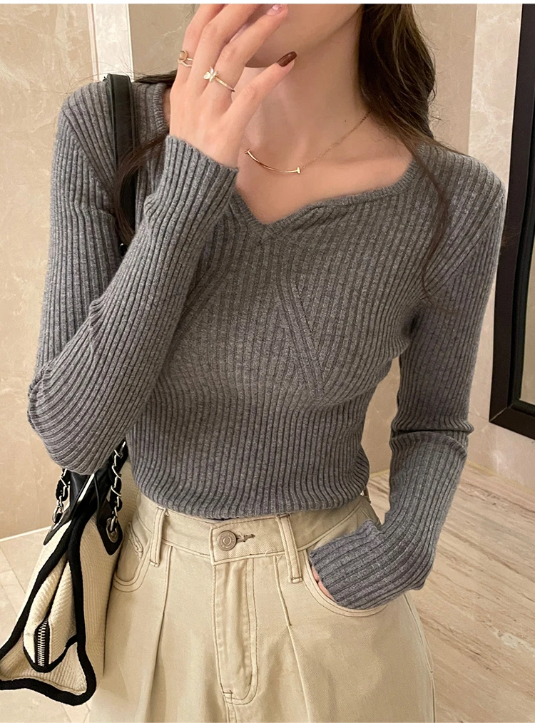 2026 Basic V-neck Chic Autumn Winter Pullover Women Female Knitted Ribbed Sweater Slim Long Sleeve Badycon High Quality Sweater