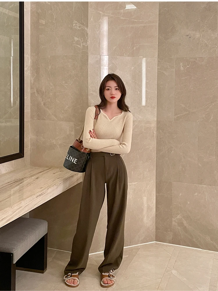 2026 Basic V-neck Chic Autumn Winter Pullover Women Female Knitted Ribbed Sweater Slim Long Sleeve Badycon High Quality Sweater