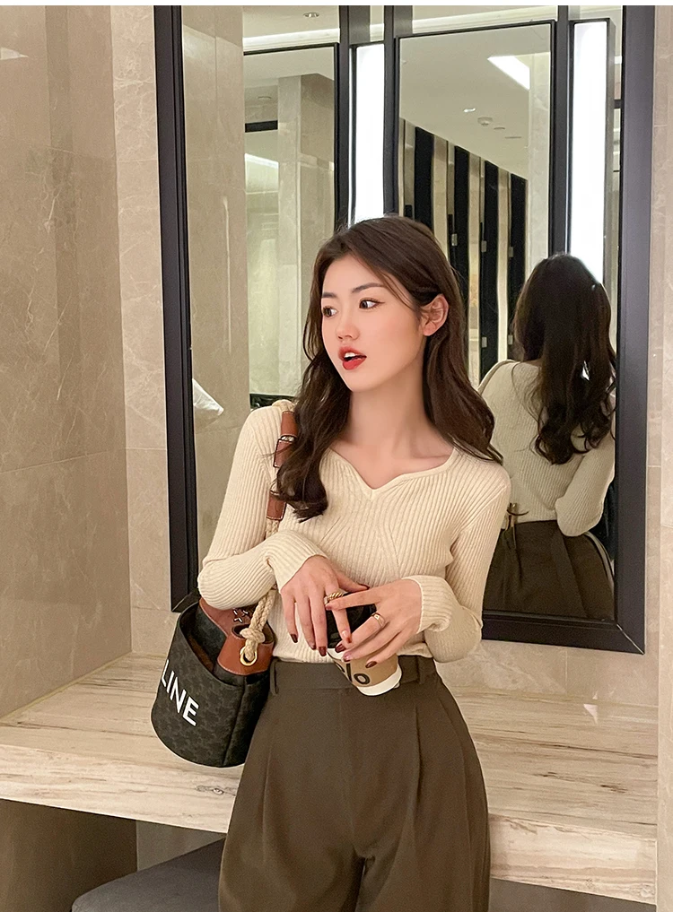 2026 Basic V-neck Chic Autumn Winter Pullover Women Female Knitted Ribbed Sweater Slim Long Sleeve Badycon High Quality Sweater