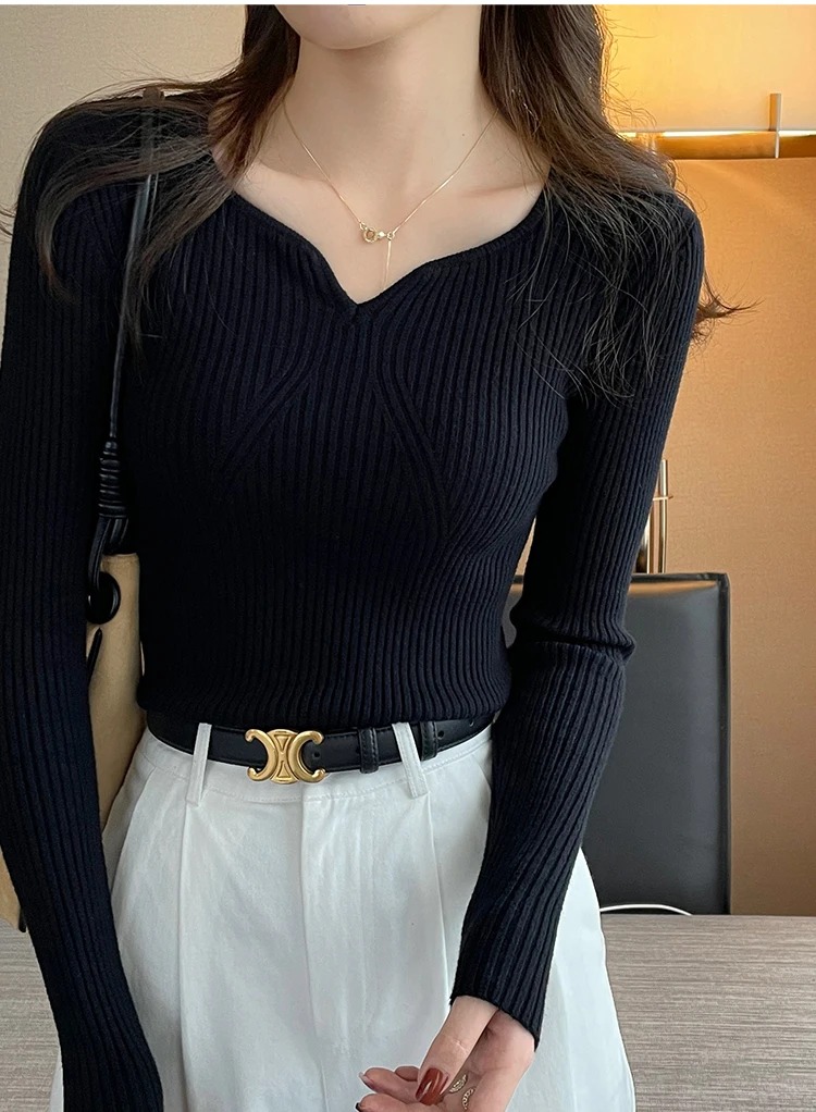 2026 Basic V-neck Chic Autumn Winter Pullover Women Female Knitted Ribbed Sweater Slim Long Sleeve Badycon High Quality Sweater