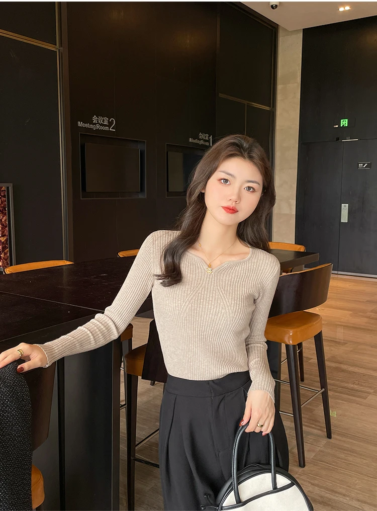 2026 Basic V-neck Chic Autumn Winter Pullover Women Female Knitted Ribbed Sweater Slim Long Sleeve Badycon High Quality Sweater