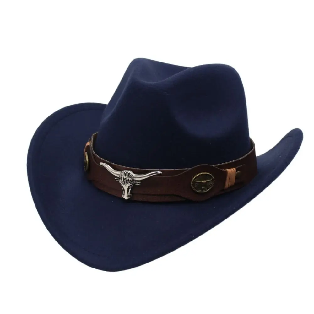 New Felt Western Cowboy Hat Ethnic Style with Cow Band Roll Brim Cowgirl Cap Soft Ox Head Accessories Tibetan Style Top Hat Men