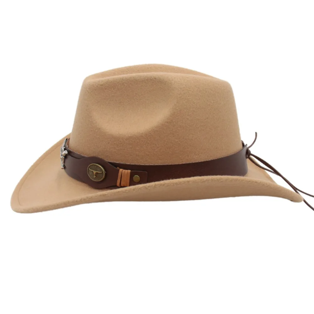 New Felt Western Cowboy Hat Ethnic Style with Cow Band Roll Brim Cowgirl Cap Soft Ox Head Accessories Tibetan Style Top Hat Men