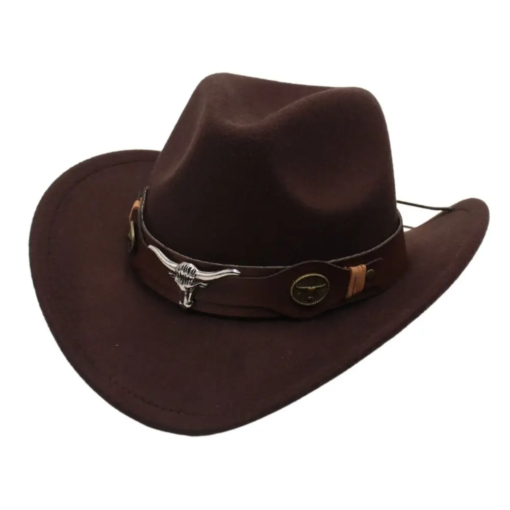 New Felt Western Cowboy Hat Ethnic Style with Cow Band Roll Brim Cowgirl Cap Soft Ox Head Accessories Tibetan Style Top Hat Men
