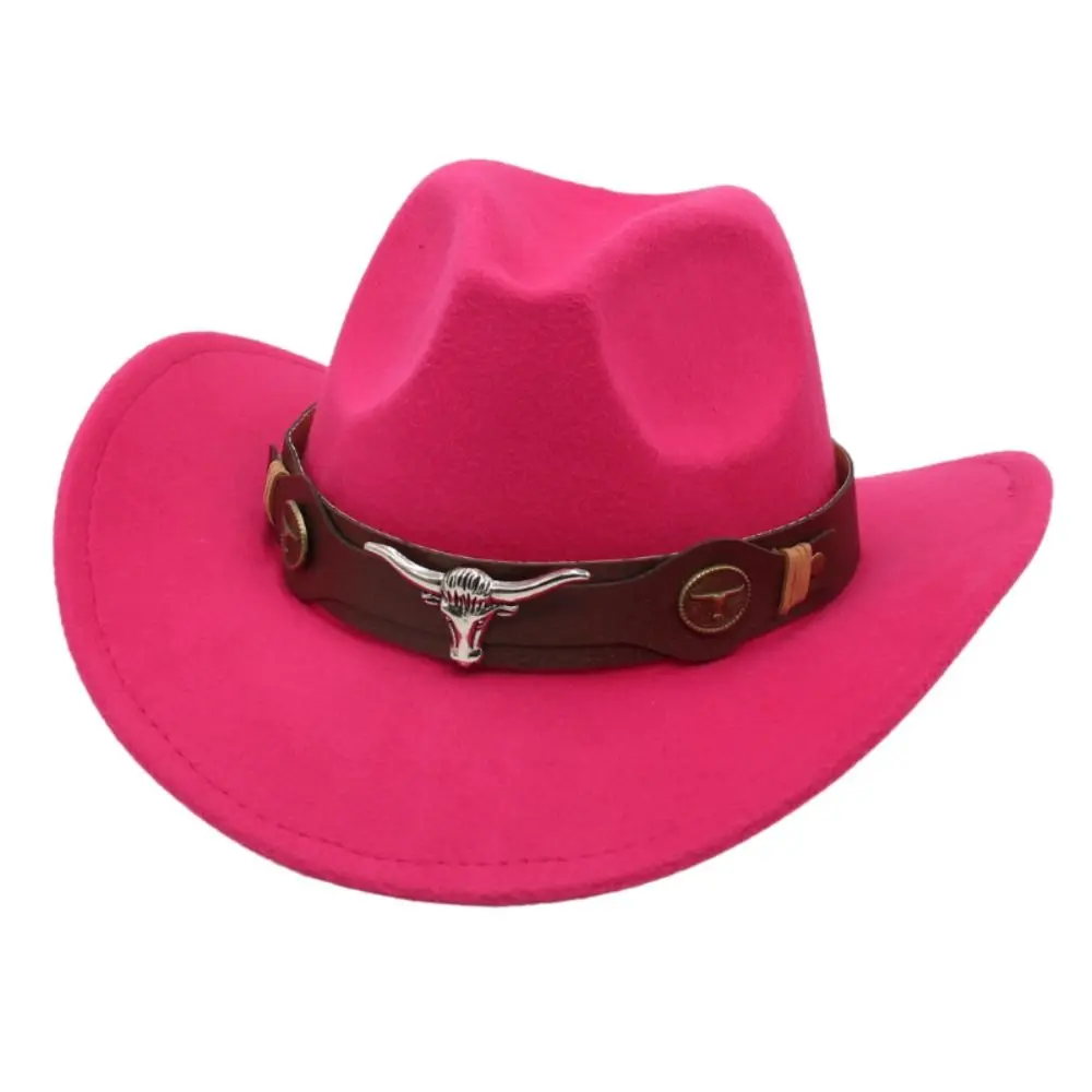 New Felt Western Cowboy Hat Ethnic Style with Cow Band Roll Brim Cowgirl Cap Soft Ox Head Accessories Tibetan Style Top Hat Men
