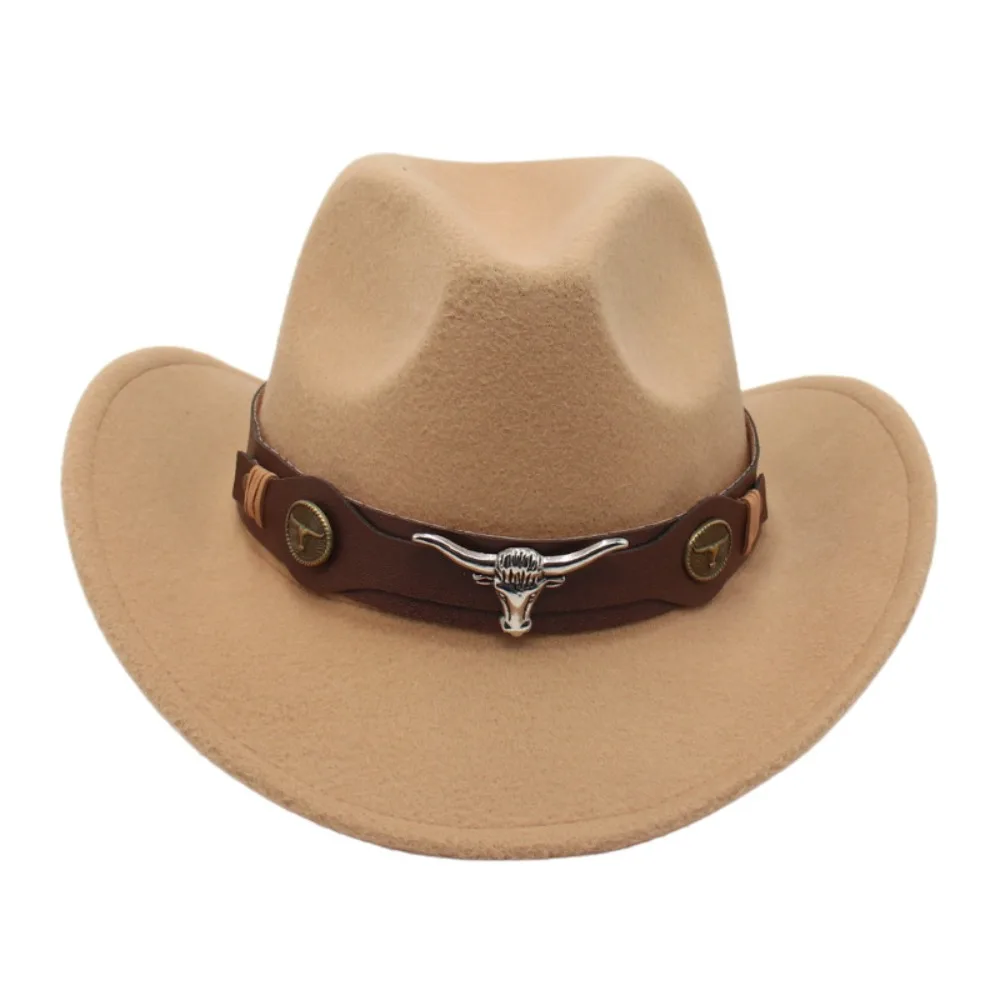 New Felt Western Cowboy Hat Ethnic Style with Cow Band Roll Brim Cowgirl Cap Soft Ox Head Accessories Tibetan Style Top Hat Men