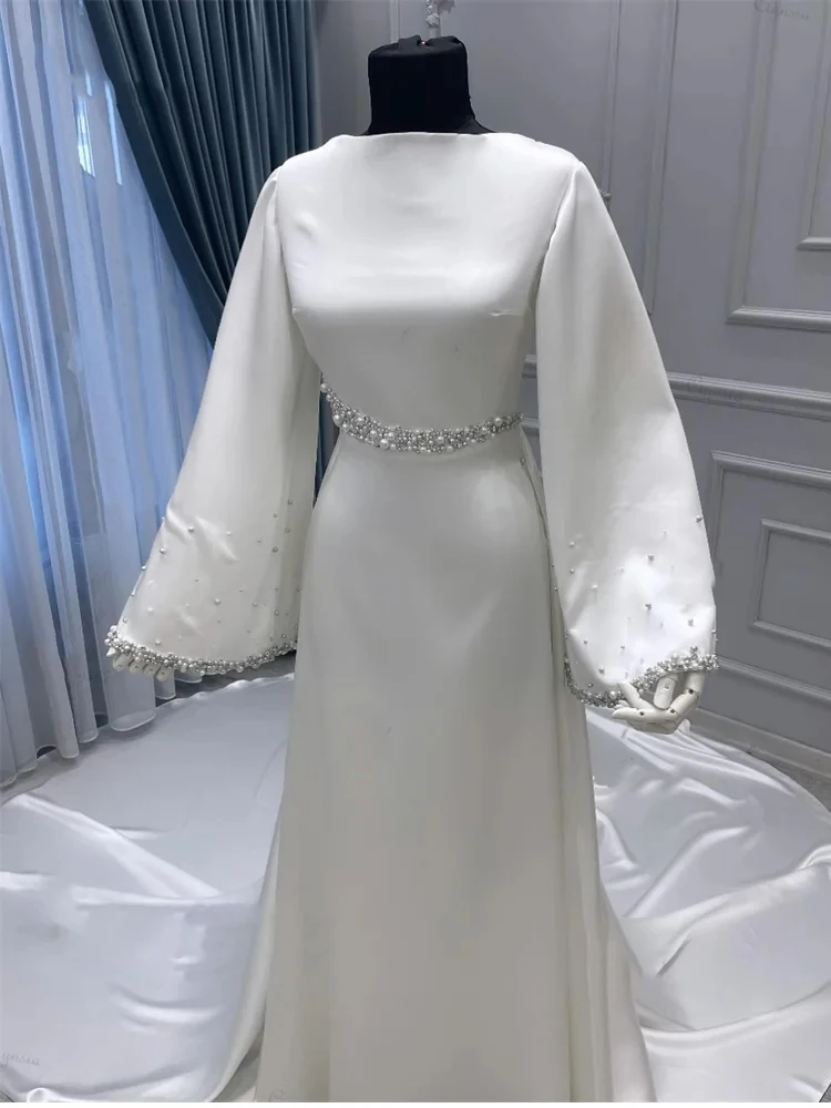 Customized Elegant Muslim Wedding Dress Bride Beaded Pearls Ivory Bridal Gowns High Neck Robe Simple High Quality Prom Dresses