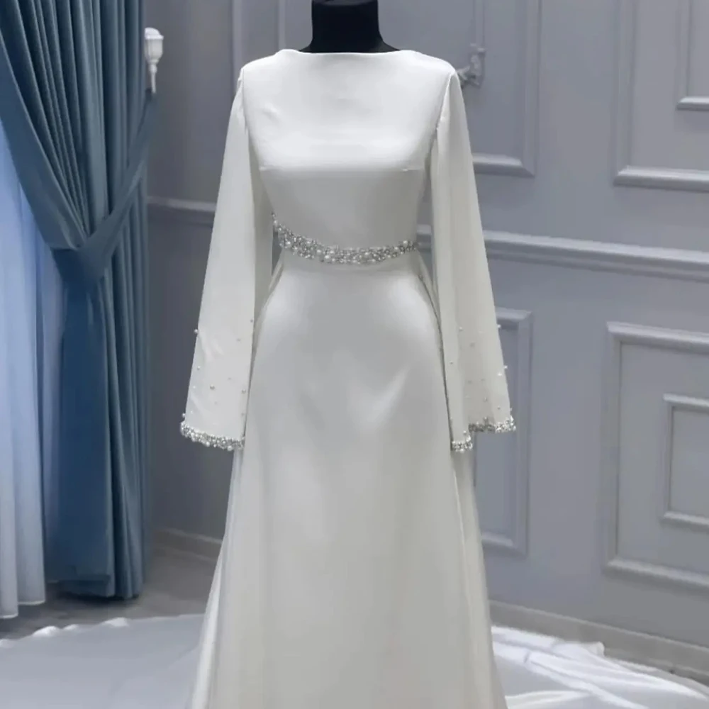 Customized Elegant Muslim Wedding Dress Bride Beaded Pearls Ivory Bridal Gowns High Neck Robe Simple High Quality Prom Dresses