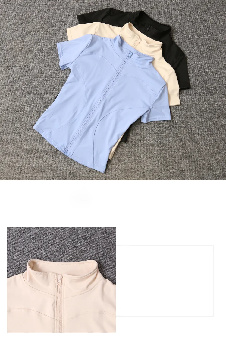 Summer High Quality Waist Slimming Training Tops Women's Quick-drying Tight Stand Collar Full Zipper Short Sleeves Yoga Shirts